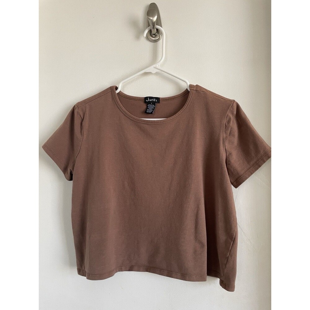 Justify Women's L Solid Brown T-Shirt Round Neck Short Sleeve Pullover Stretch